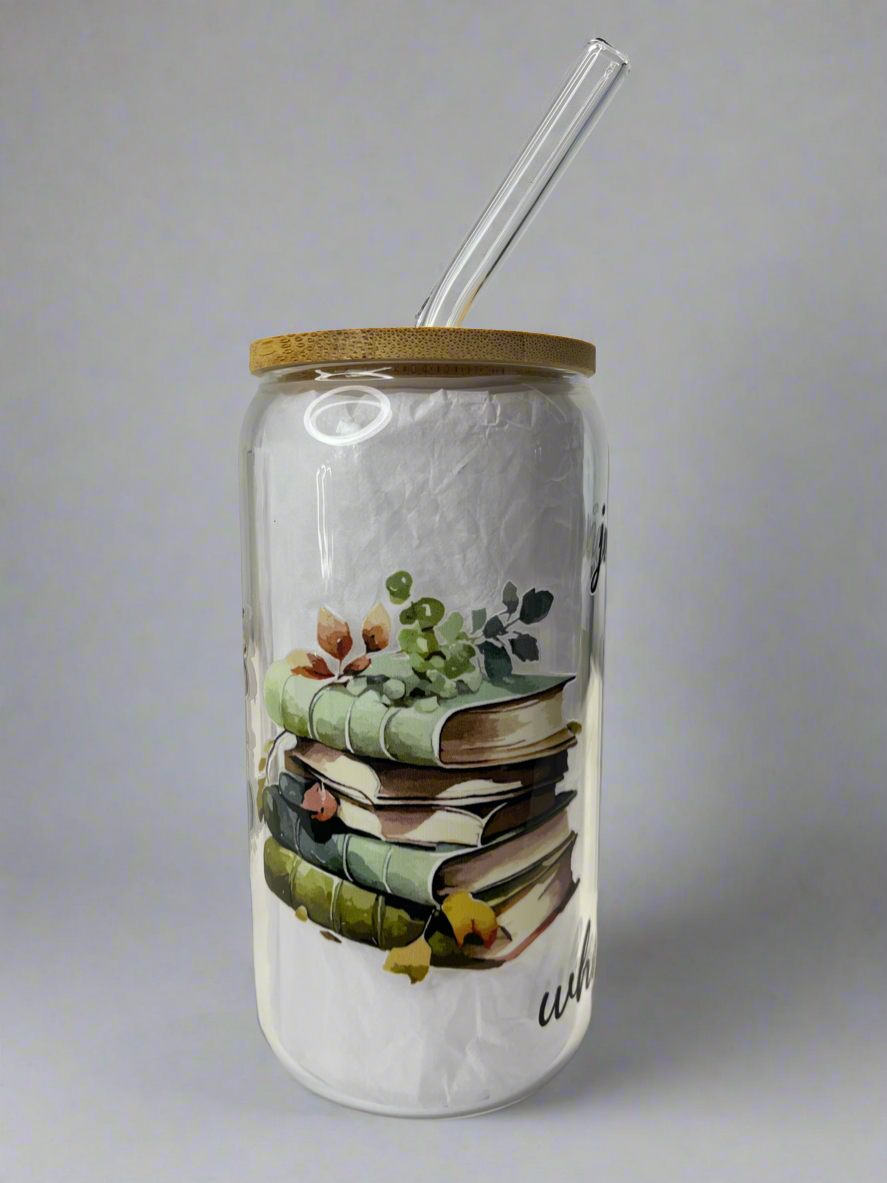 Just a girl who loves book glass can cup with bamboo lid and glass straw