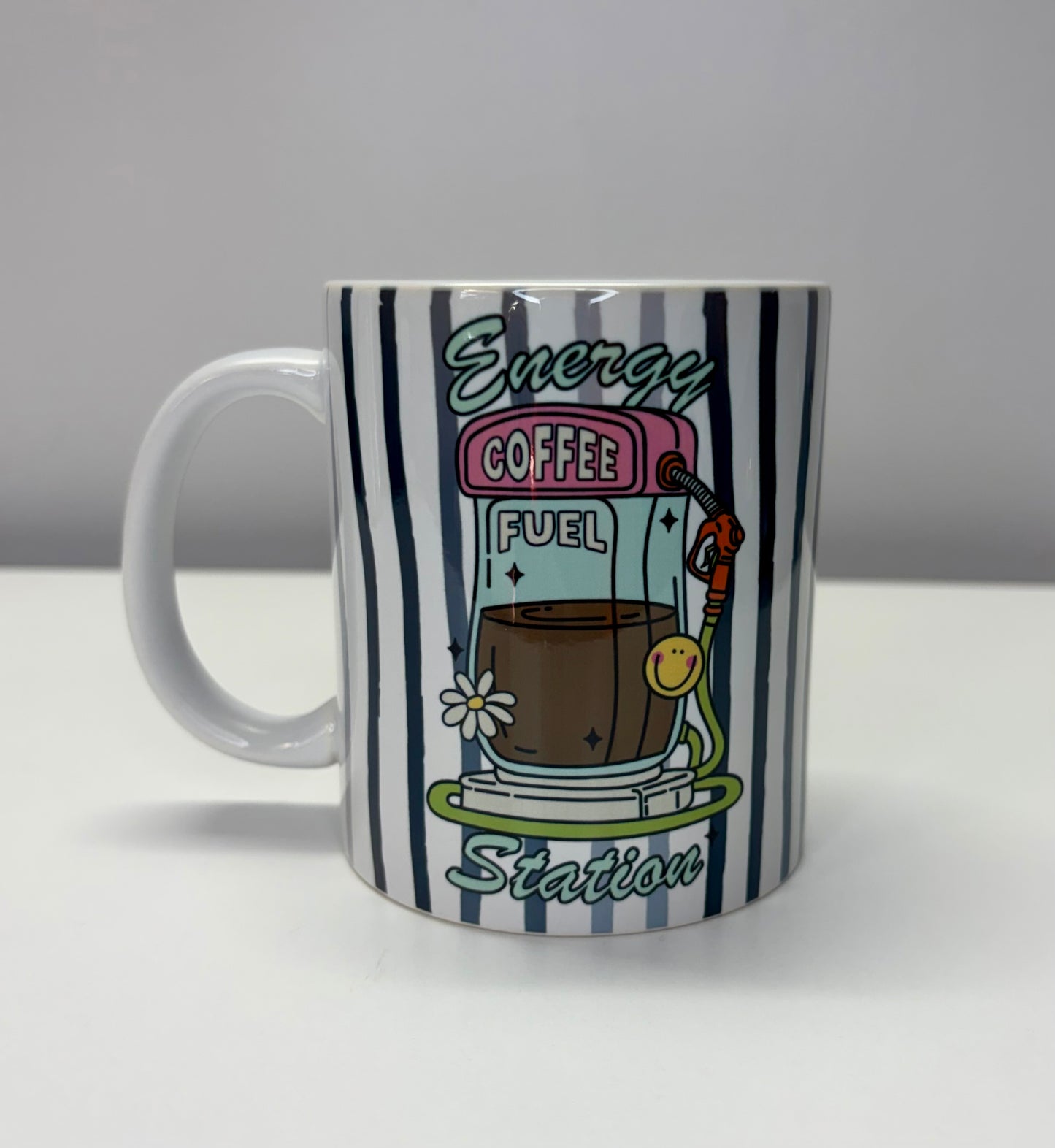 ☕ Energy Coffee Fuel Station Ceramic Mug – Cute Striped 11oz Coffee Cup
