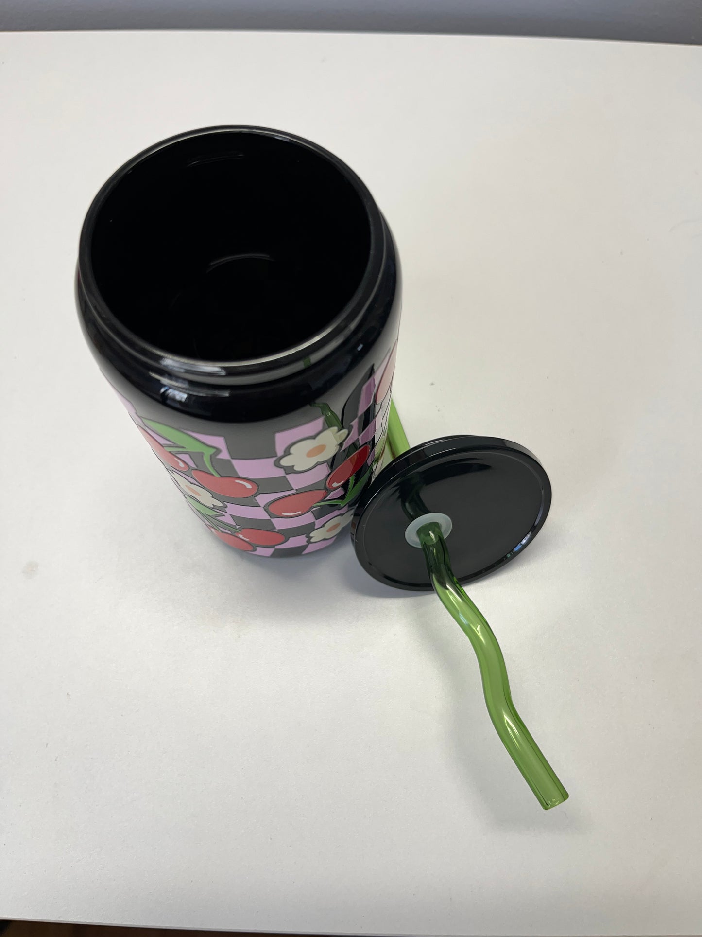 Cherry Blossom UV DTF Black Glass Can Cup with Green Glass Straw - 16oz