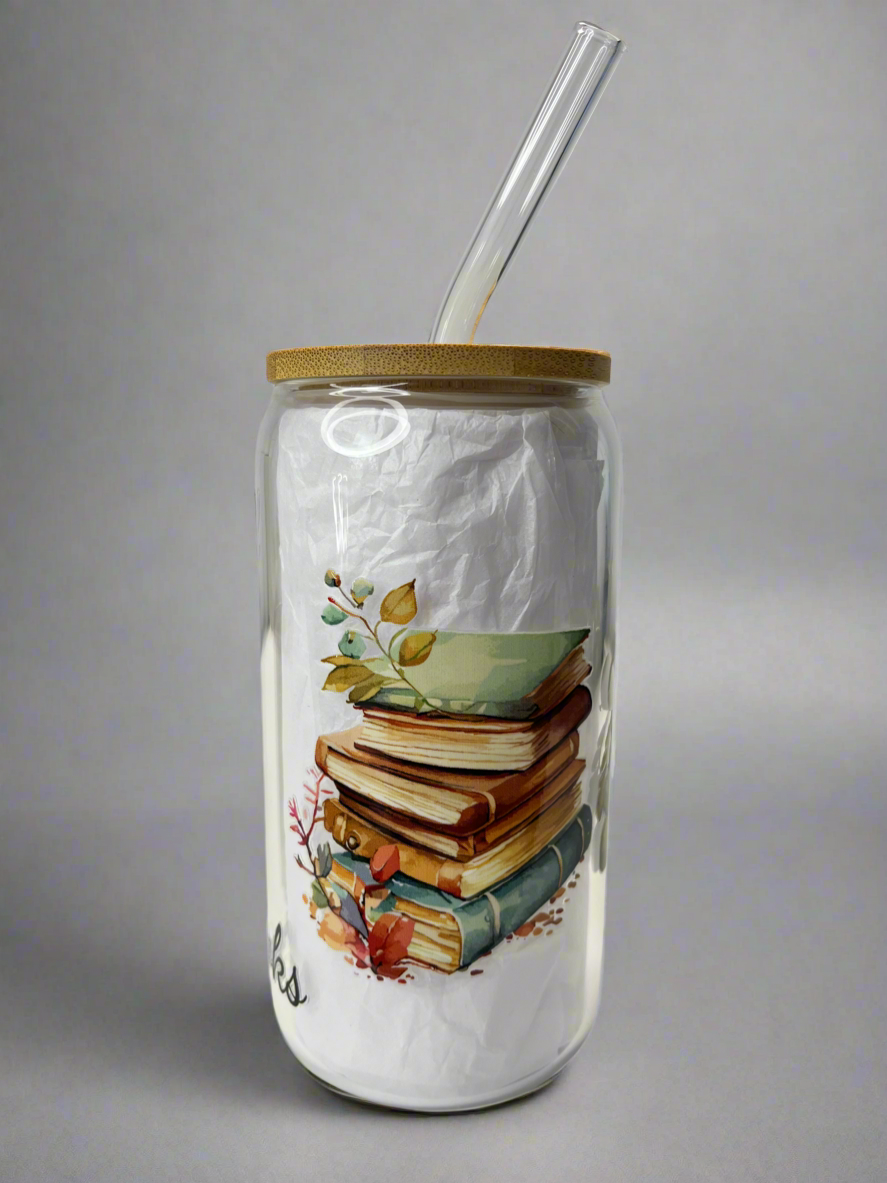 Just a girl who loves book glass can cup with bamboo lid and glass straw