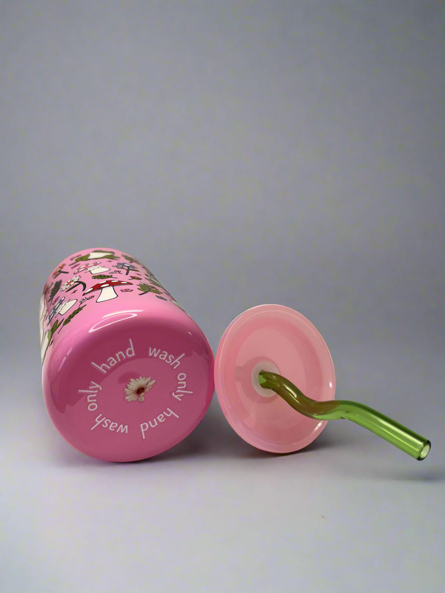Pink Whimsical Frog & Mushroom Glass Can Cup 16oz