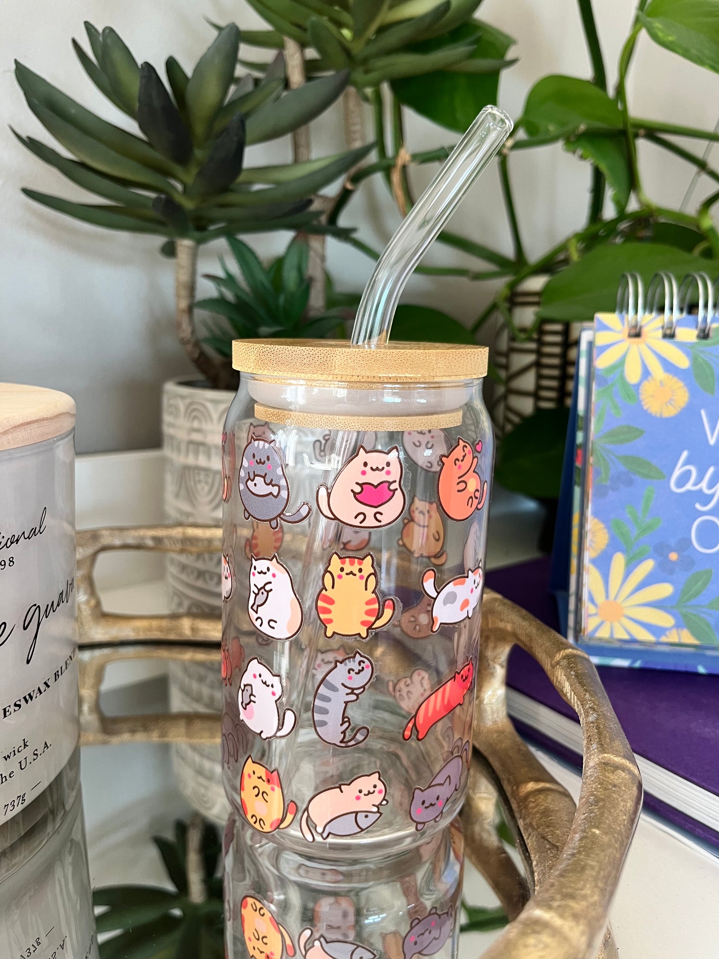 Cute Cat Glass Can - 16oz Reusable Glass Can Cup with Bamboo Lid & Straw