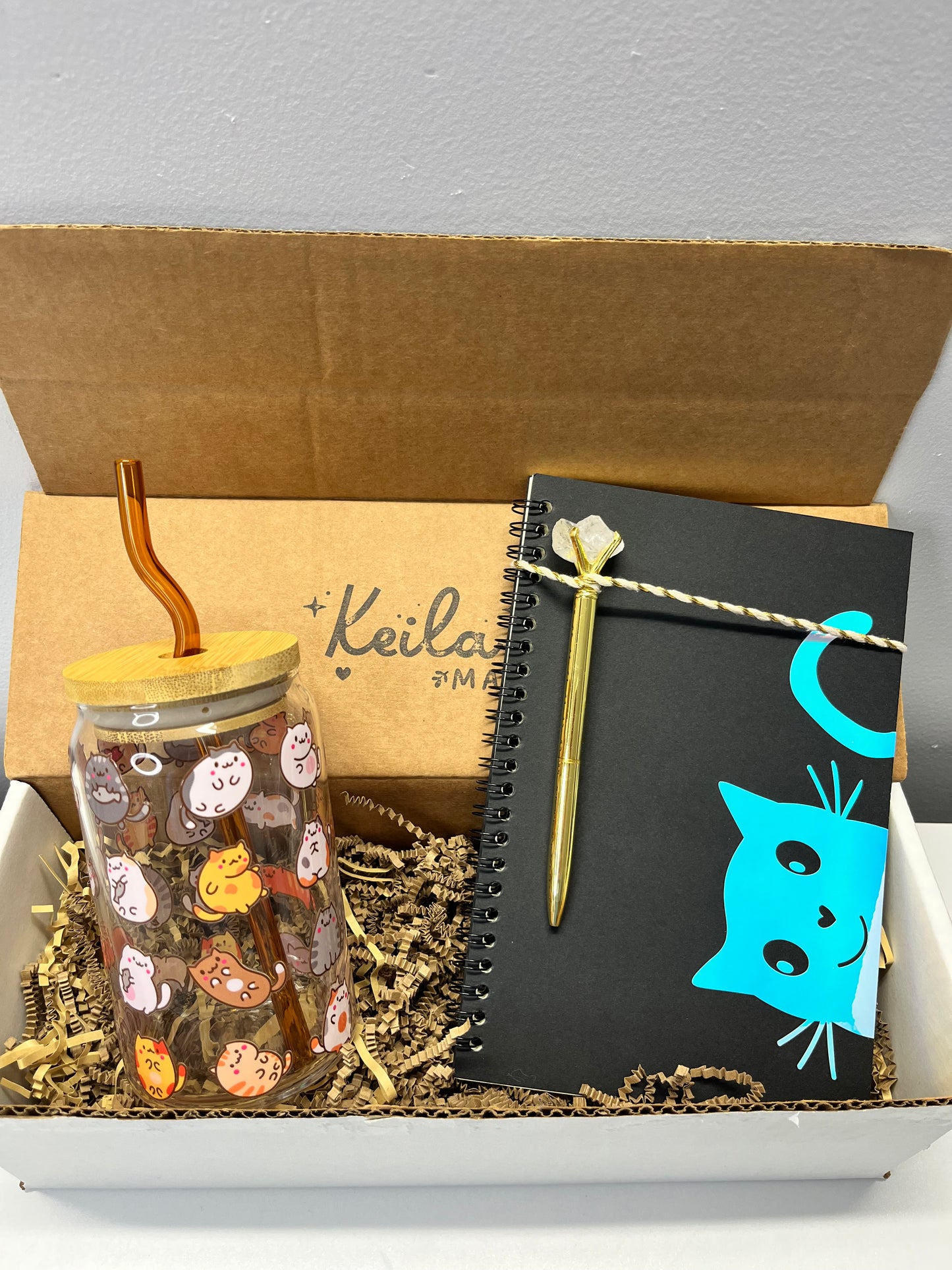 Cat Lover Gift Box - Glass Can Cup with UV DTF Cats, Curved Glass Straw, Bamboo Lid & Cat Notebook + Gold Gem Pen