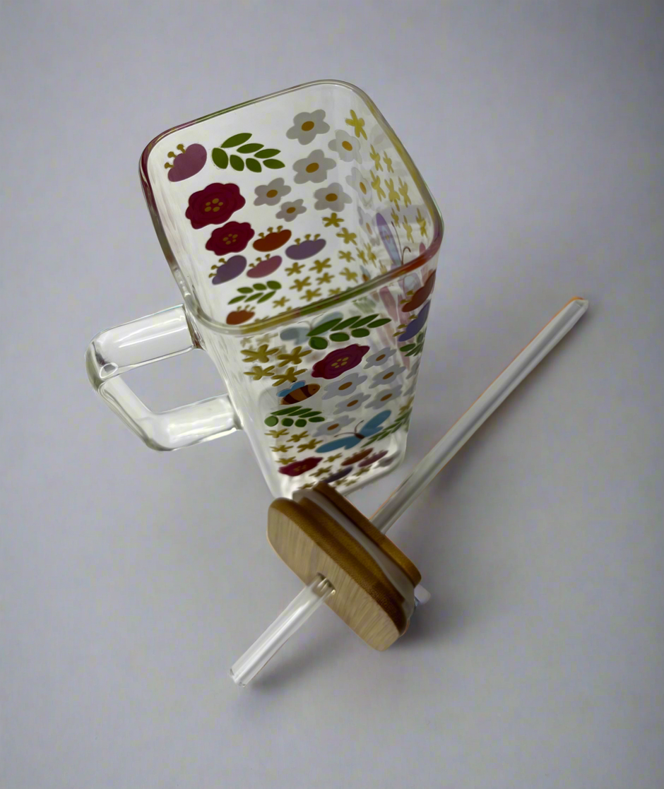 Floral Square Glass Cup 16oz