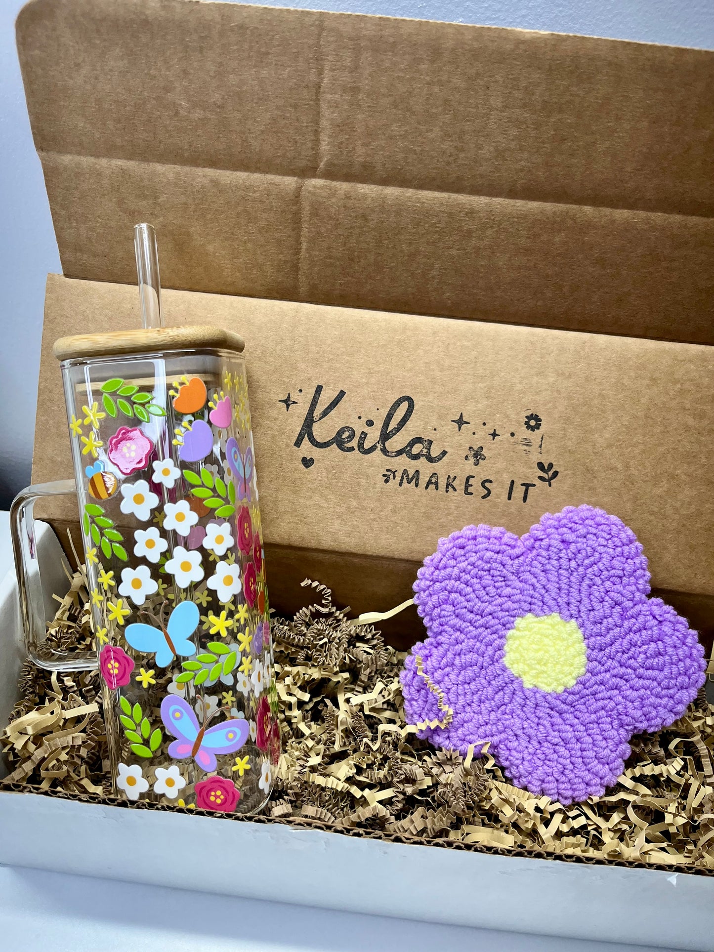 Floral Butterfly Glass Cup with UV DTF cup wrap + Purple Flower Mug Rug Coaster