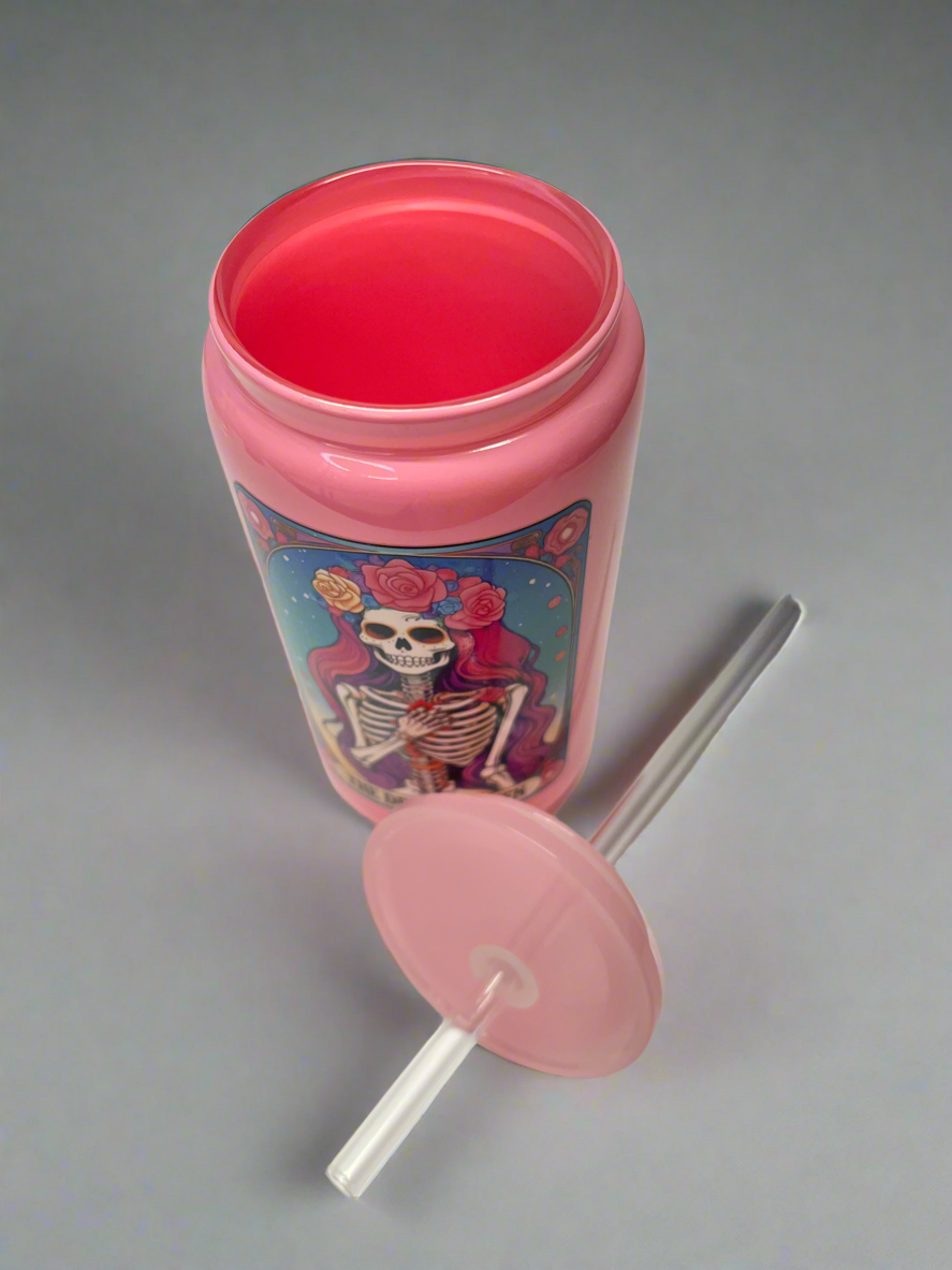 Pink “The Drama Queen” Tarot Card Glass Can Cup - UV DTF, Plastic Lid & Straw