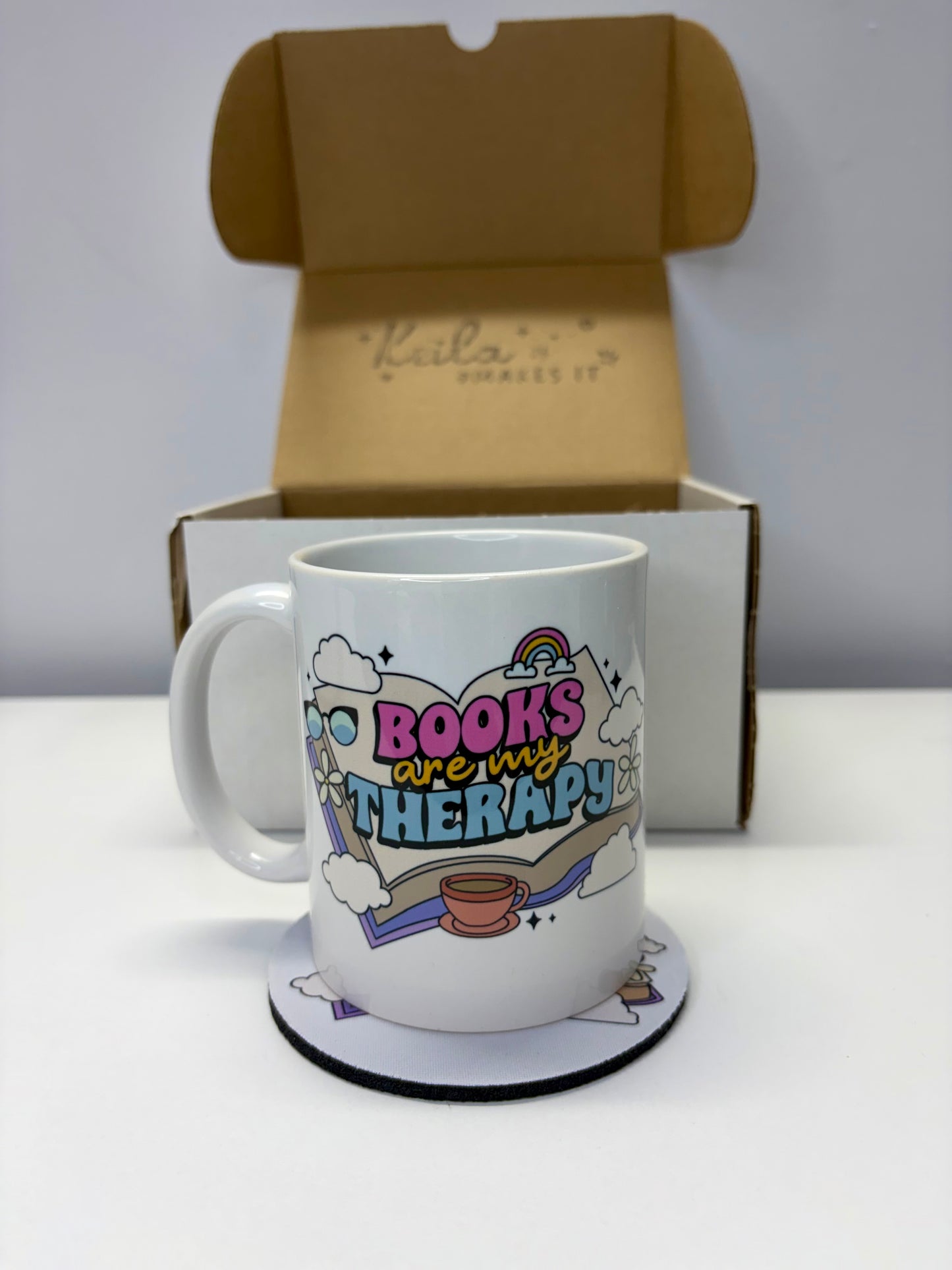 Books Are My Therapy Mug & Coaster Gift Box – Ceramic 11oz Coffee Mug + Matching Coaster – Book Lover Gift Set