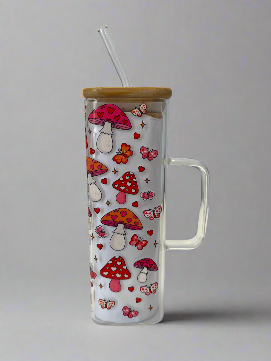 Square Glass Cup Heart Mushroom 16 oz