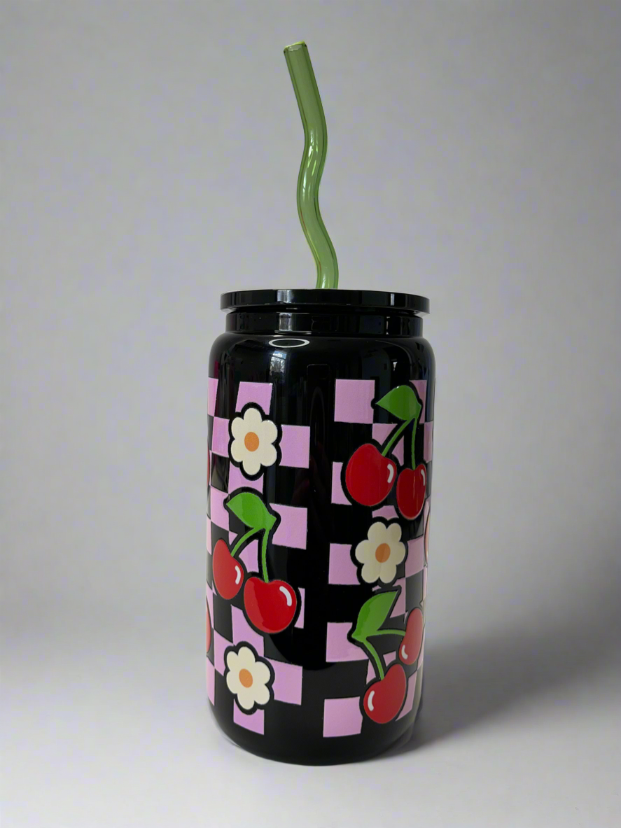 Cherry Blossom UV DTF Black Glass Can Cup with Green Glass Straw - 16oz
