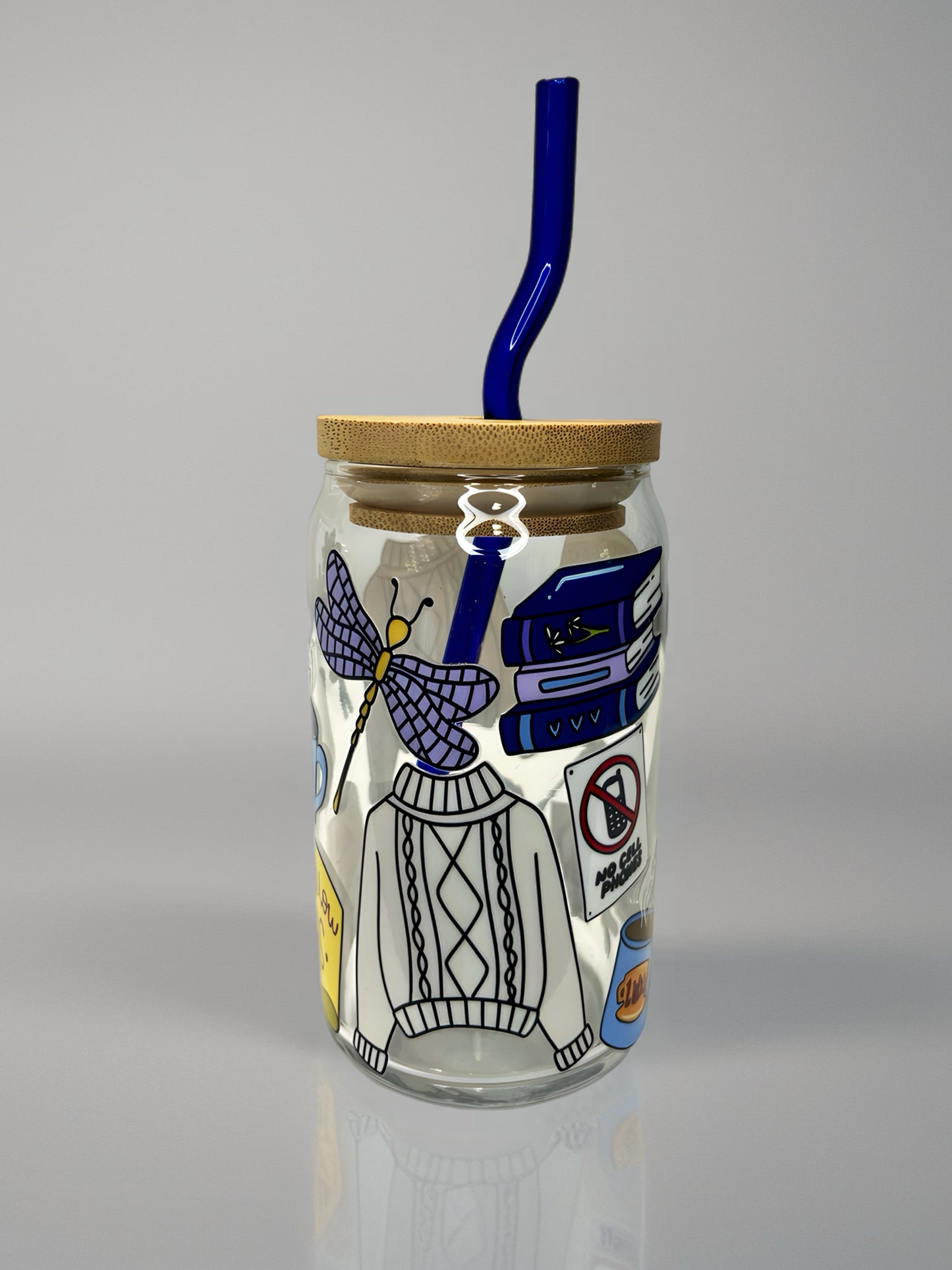 Stars Hollow Books Glass Can Cup with Blue Glass Straw & Bamboo Lid | Cozy Book Lover UV DTF Cup