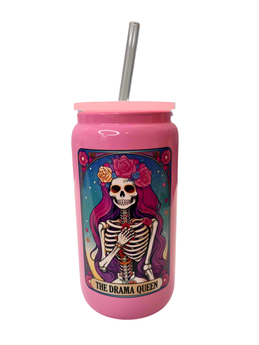 Pink “The Drama Queen” Tarot Card Glass Can Cup - UV DTF, Plastic Lid & Straw