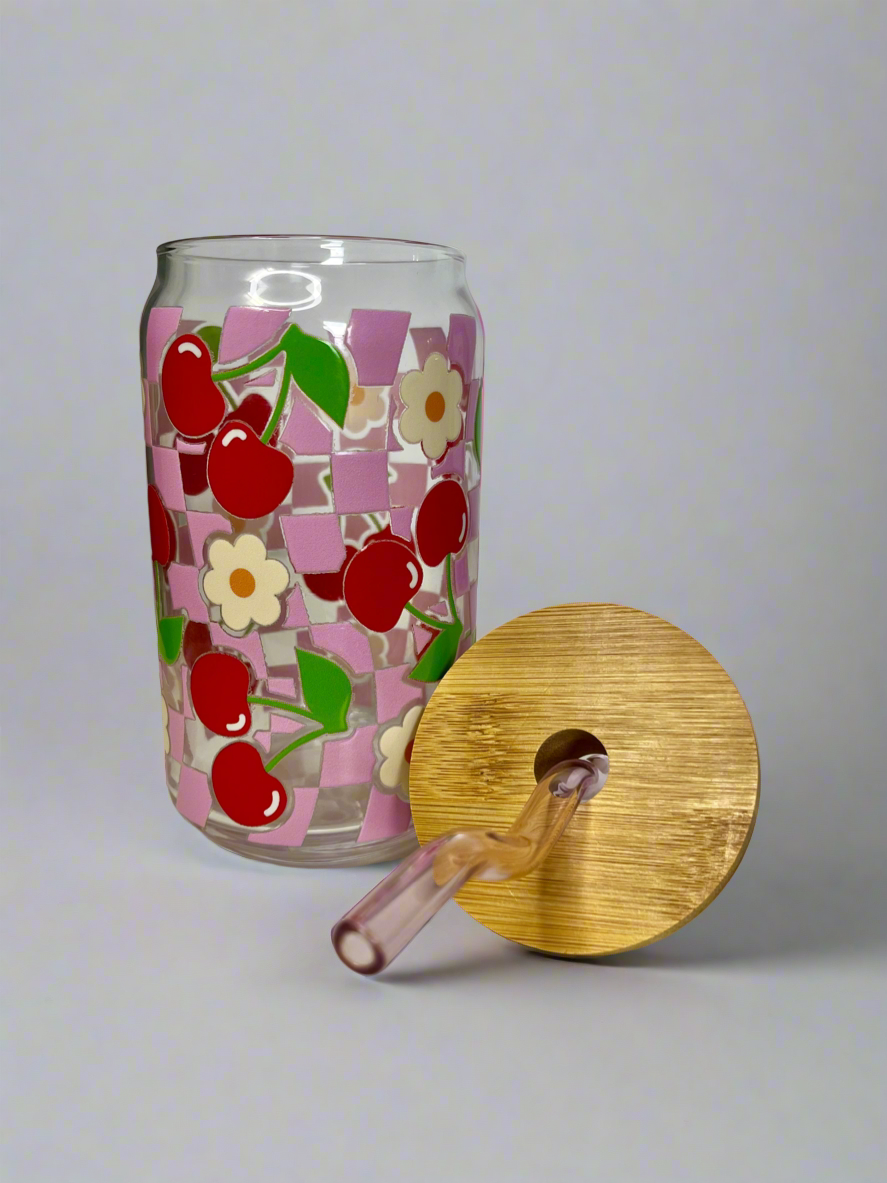 Cherry Glass Can Cup with Pink Glass Straw & Bamboo Lid - UV DTF cup wrap