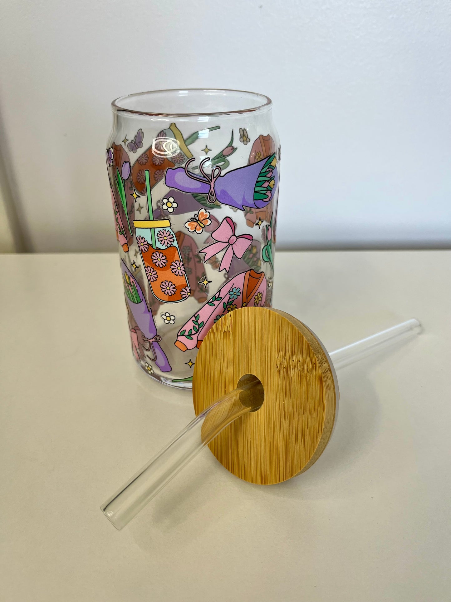 Spring Floral Cardigan Aesthetic Glass Cup with Bamboo Lid & Straw - 16oz