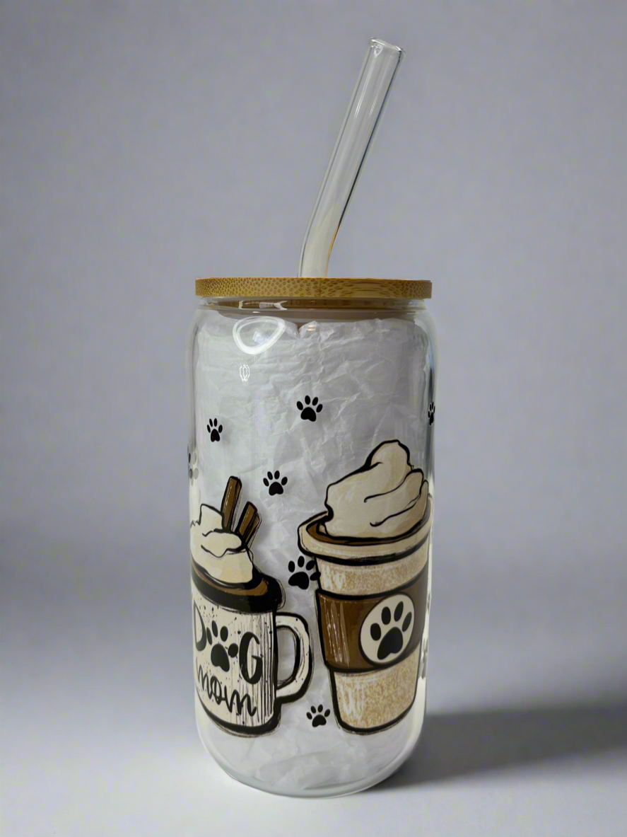 Dog mom glass can 16 oz cup with bamboo lid and glass straw