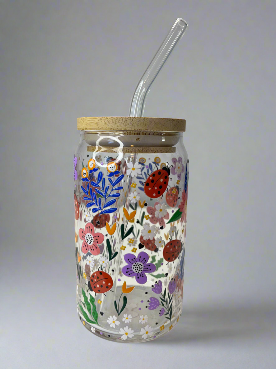 Floral Ladybug Glass Can Cup 16oz
