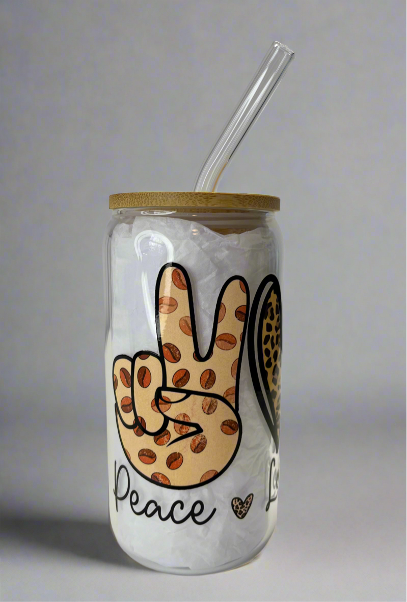 Peace love coffee glass can cup