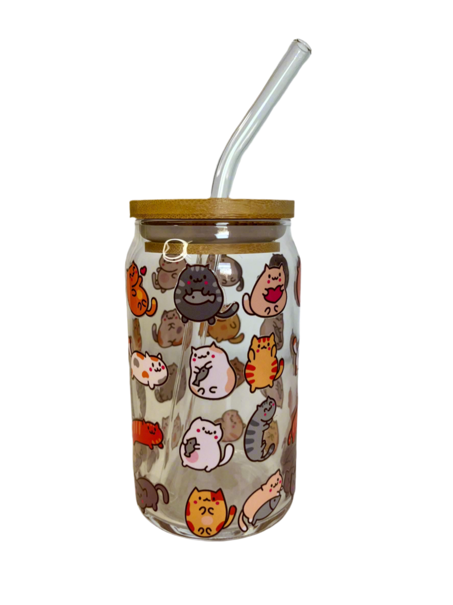Cute Cat Glass Can - 16oz Reusable Glass Can Cup with Bamboo Lid & Straw