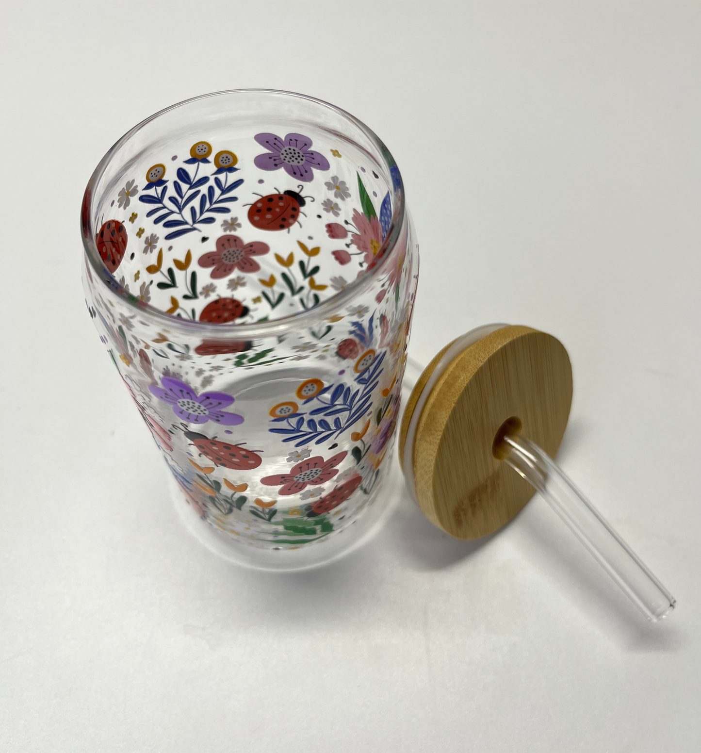 Floral Ladybug Glass Can Cup 16oz