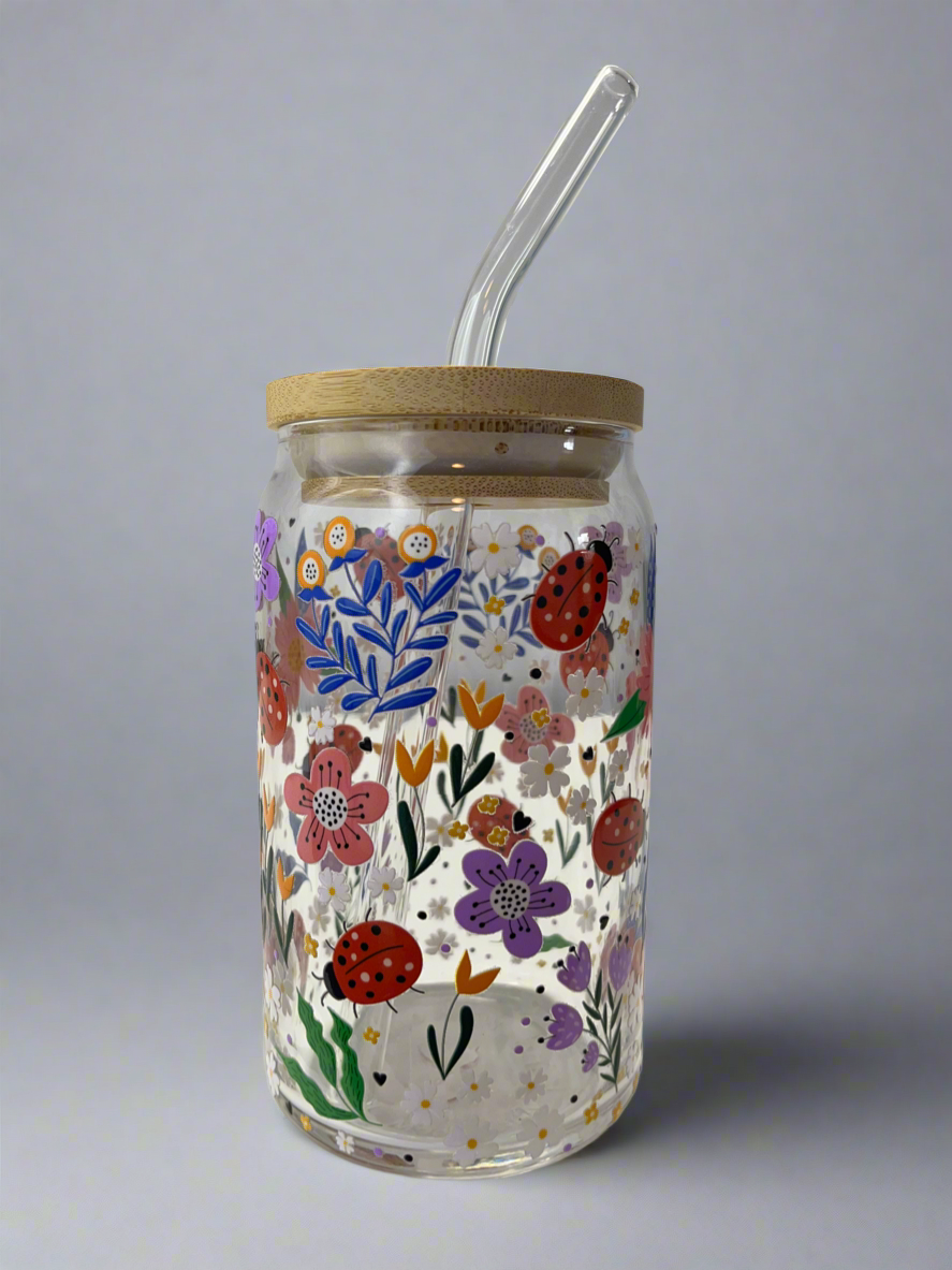 Floral Ladybug Glass Can Cup 16oz