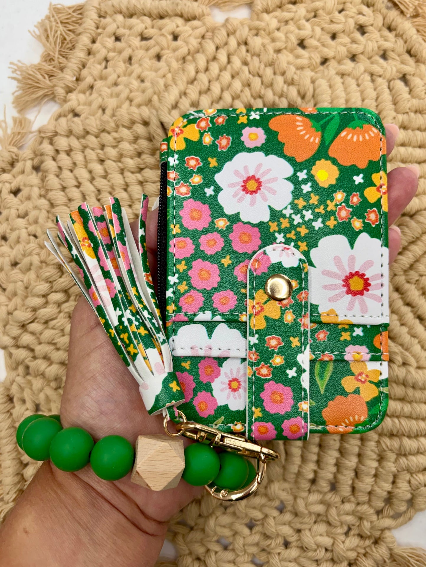 Green & Pink Floral Boho Beaded Wristlet Wallet – Cute Floral Card Hold