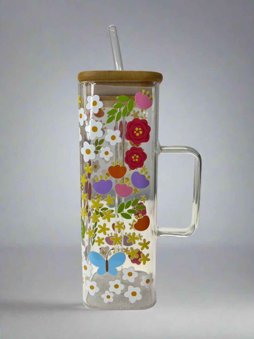 Floral Square Glass Cup 16oz