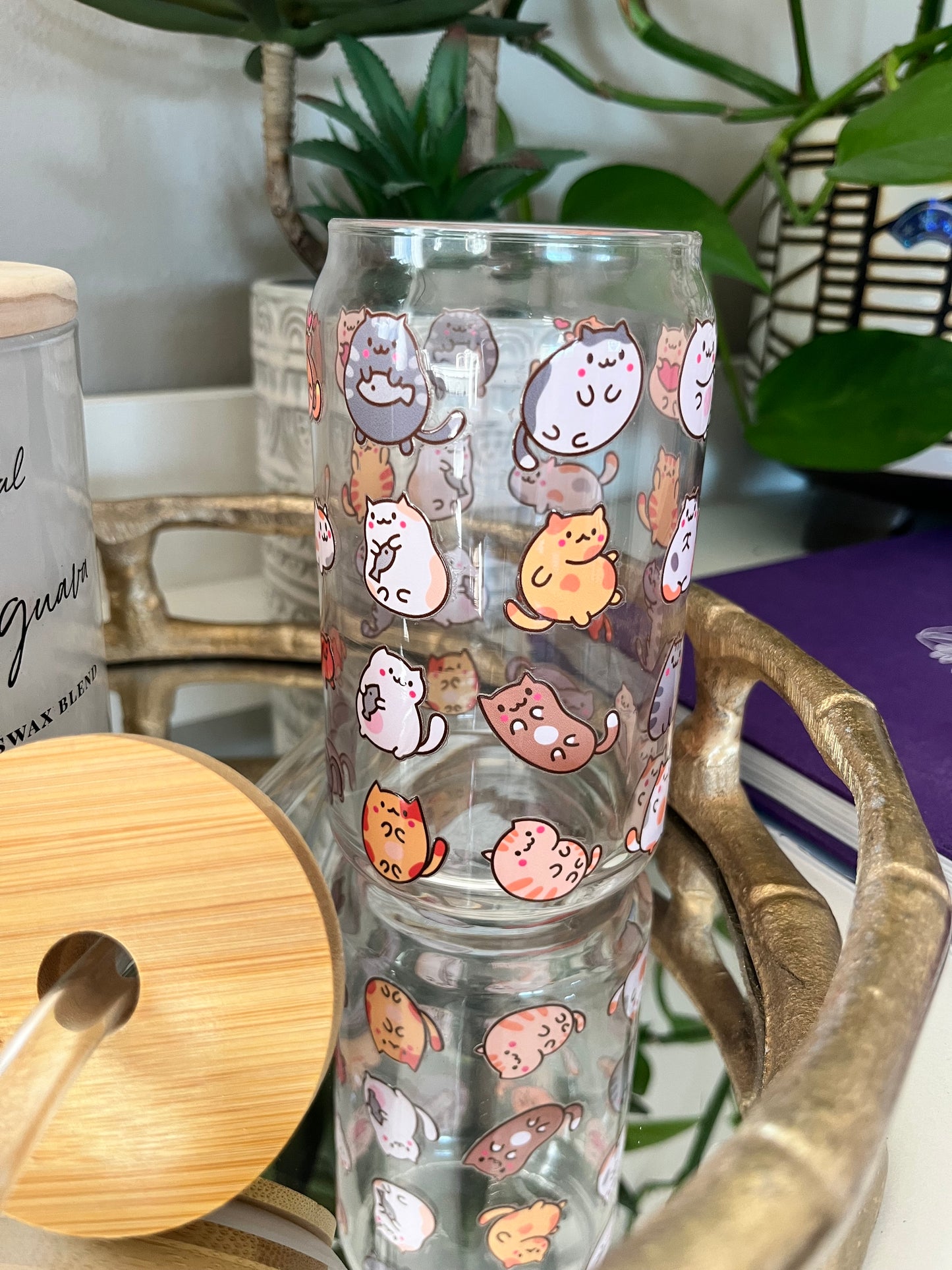 Cute Cat Glass Can - 16oz Reusable Glass Can Cup with Bamboo Lid & Straw