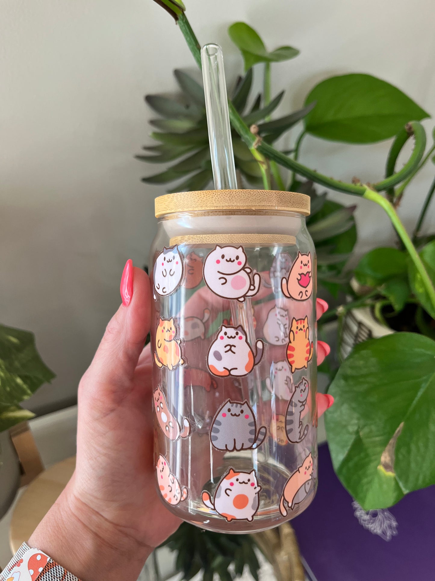 Cute Cat Glass Can - 16oz Reusable Glass Can Cup with Bamboo Lid & Straw