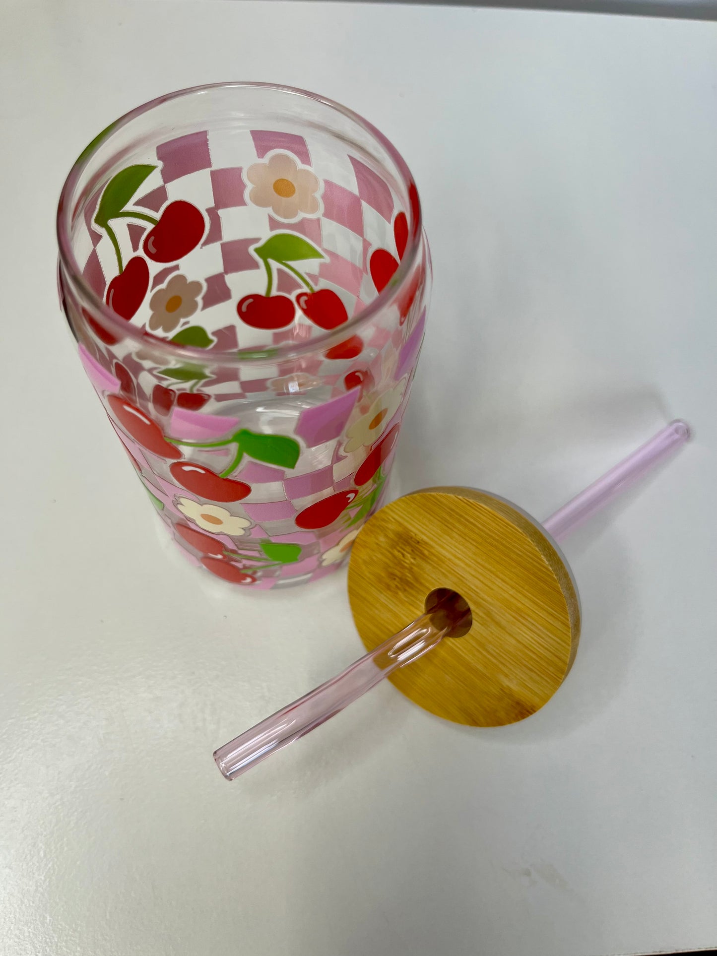 Cherry Glass Can Cup with Pink Glass Straw & Bamboo Lid - UV DTF cup wrap