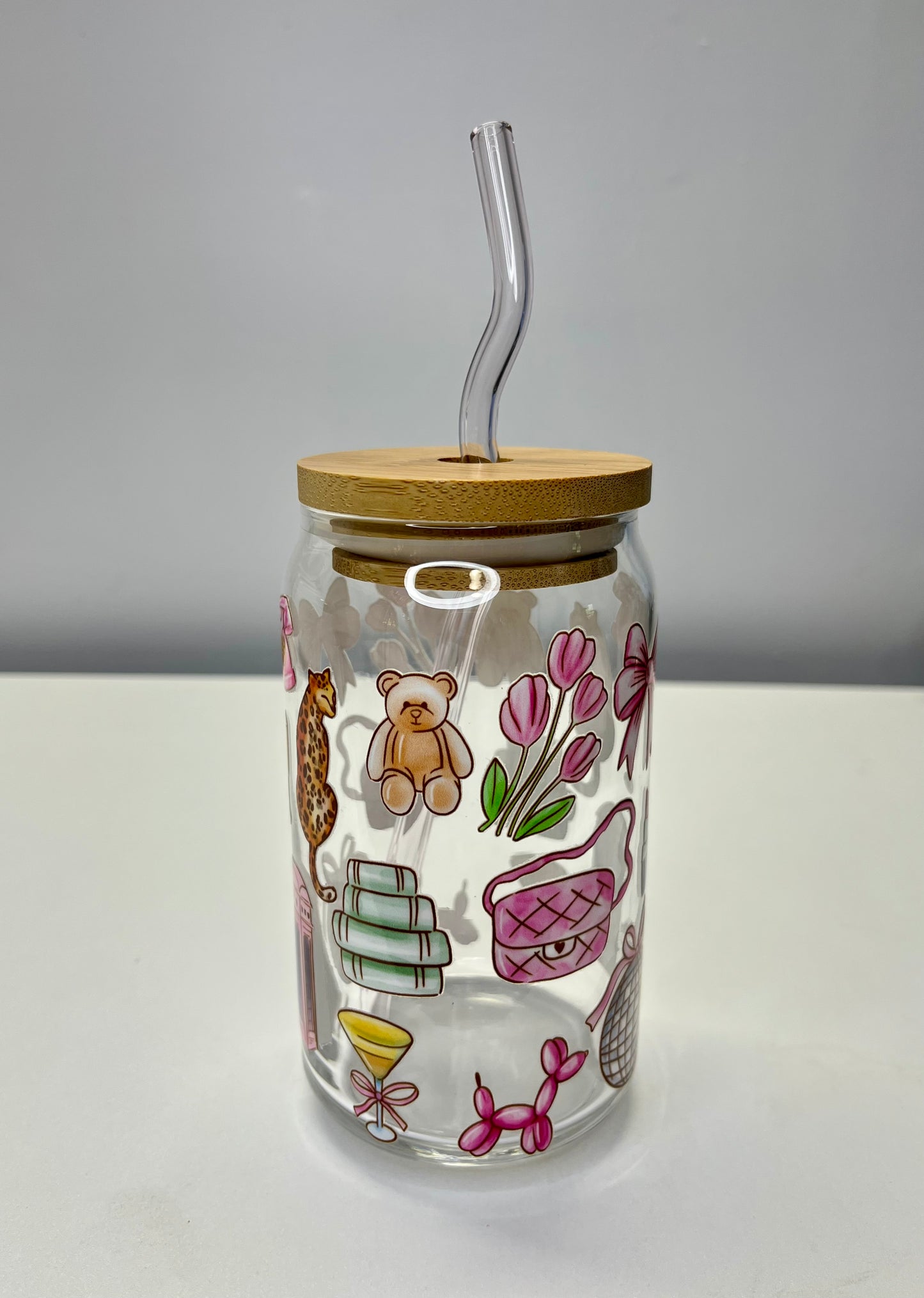 Cute Retro Glass Can Cup with Bamboo Lid & Curved Glass Straw 16oz