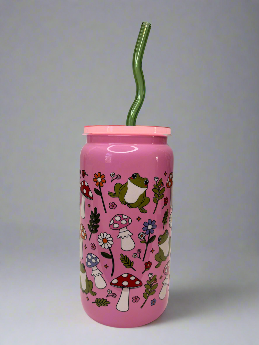 Pink Whimsical Frog & Mushroom Glass Can Cup 16oz