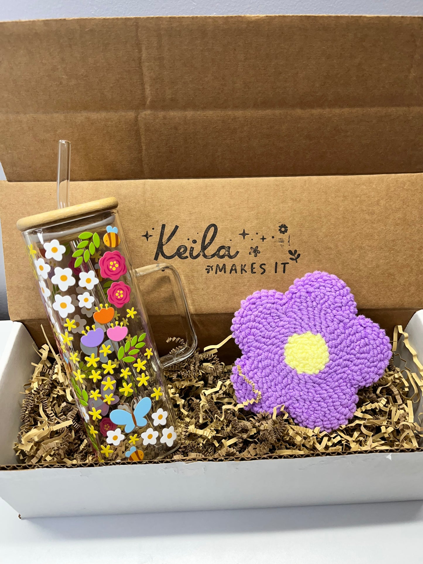 Floral Butterfly Glass Cup with UV DTF cup wrap + Purple Flower Mug Rug Coaster