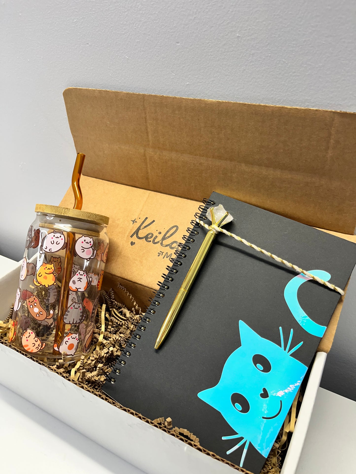 Cat Lover Gift Box - Glass Can Cup with UV DTF Cats, Curved Glass Straw, Bamboo Lid & Cat Notebook + Gold Gem Pen
