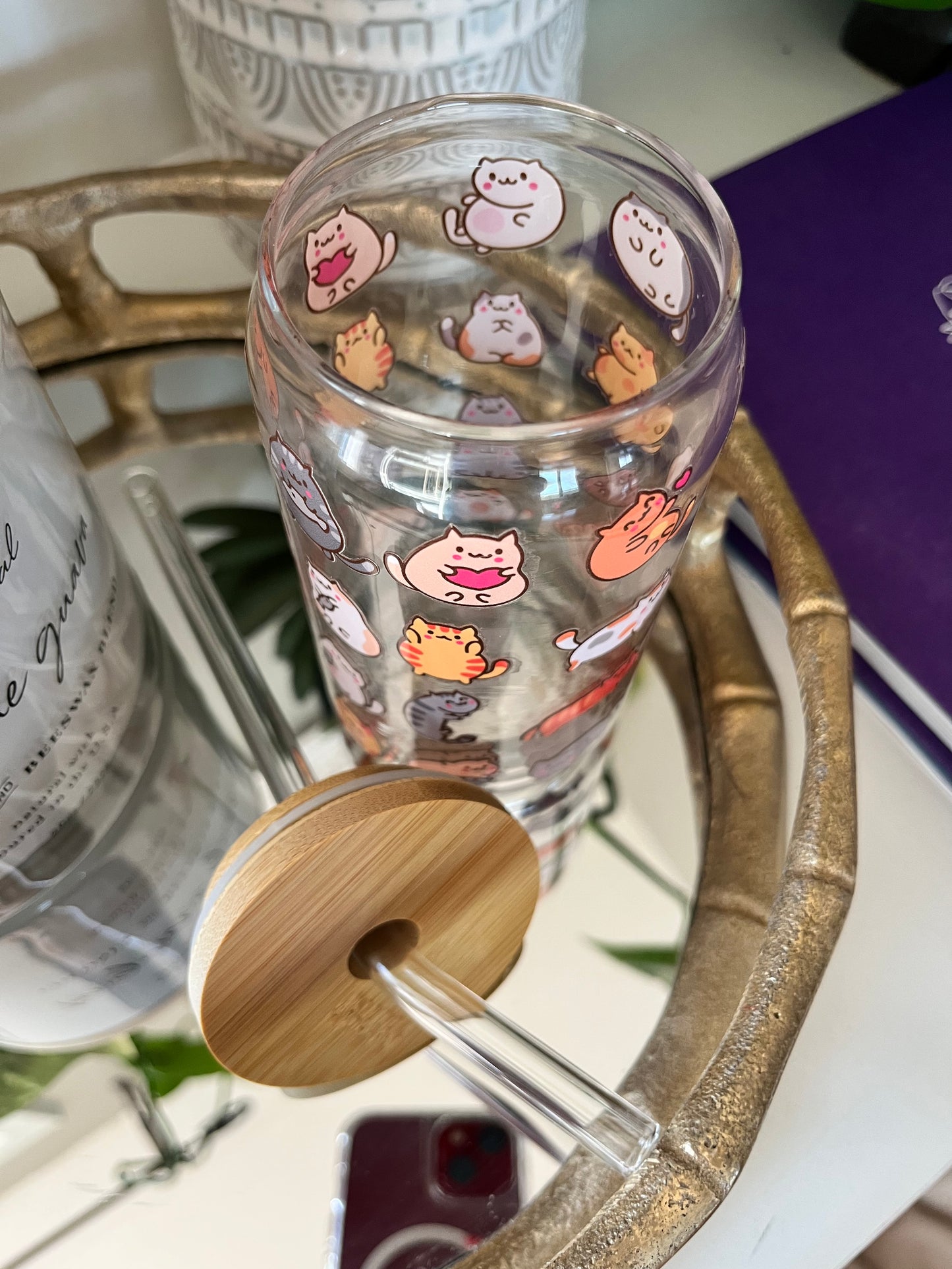 Cute Cat Glass Can - 16oz Reusable Glass Can Cup with Bamboo Lid & Straw