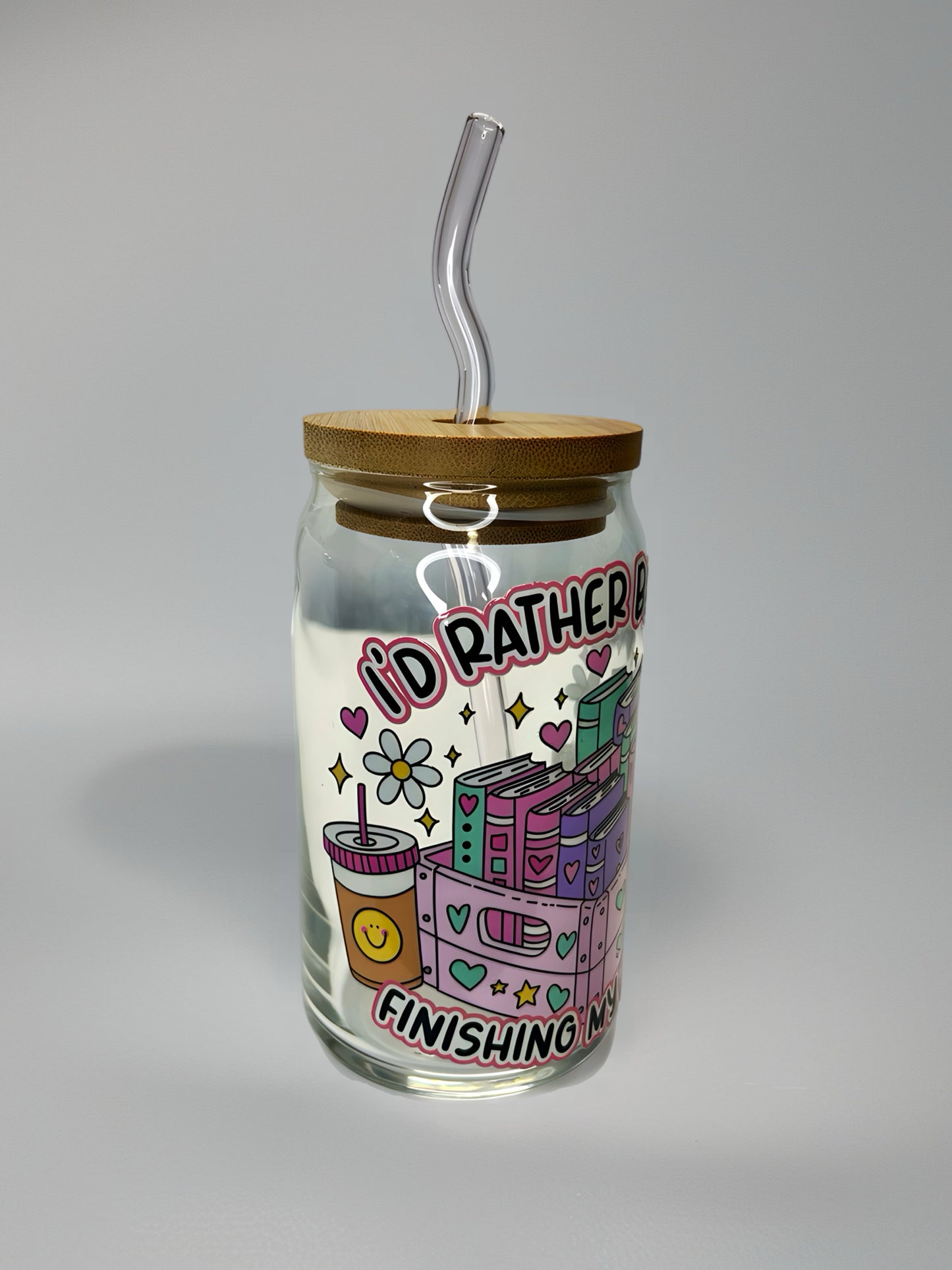 I’d Rather Be Home Finishing My TBR Pile” Glass Can Cup | Cute Book Lover Cup with Bamboo Lid & Glass Straw | UV DTF Design