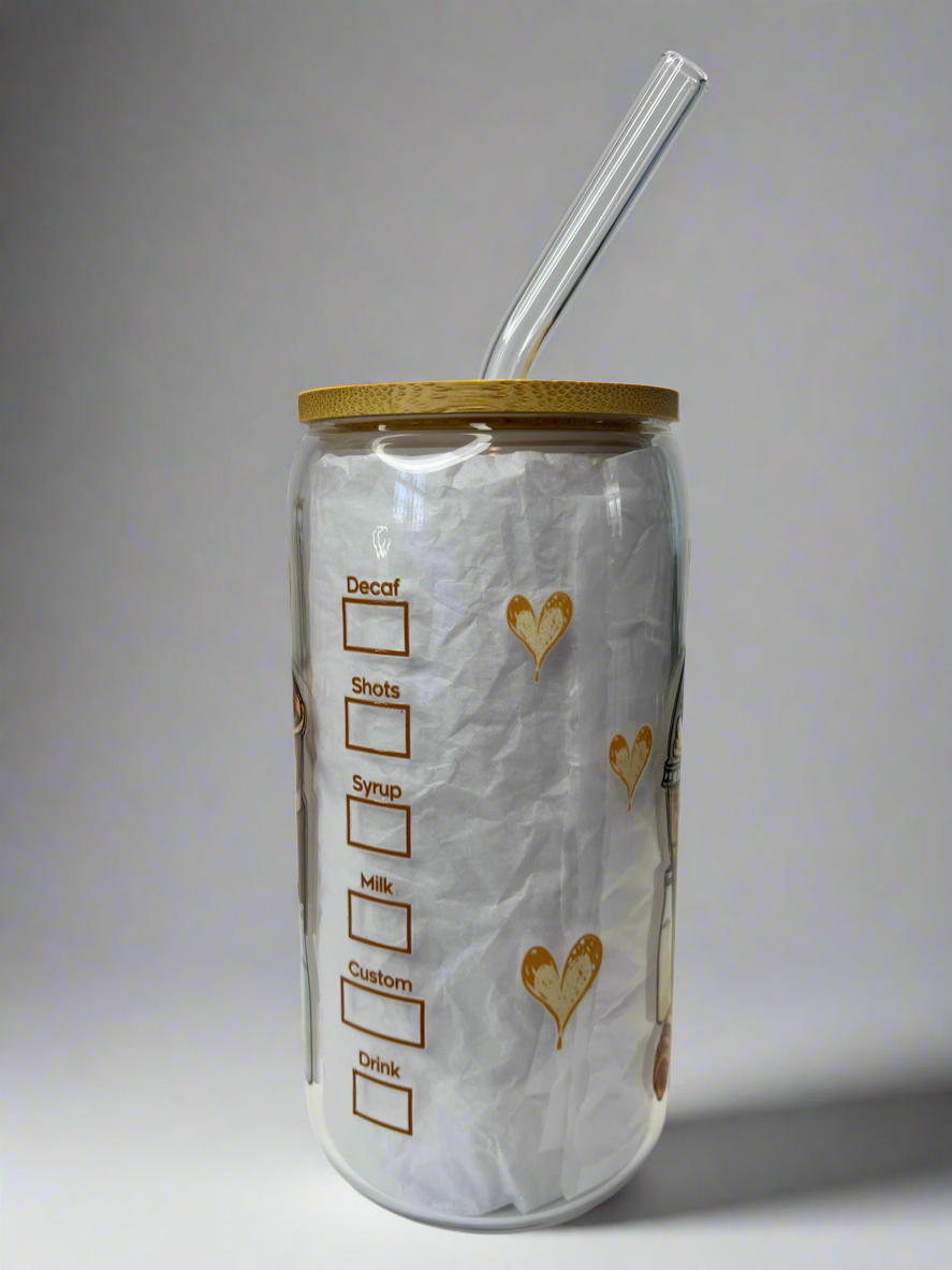 Coffee lovers glass can cup 16 oz with bamboo lid and glass straw