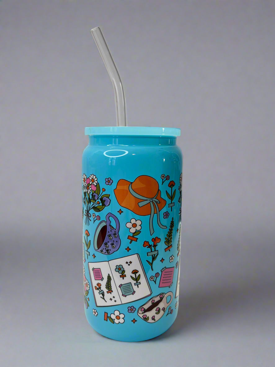 Blue Cottage core girl glass can cup 16 oz