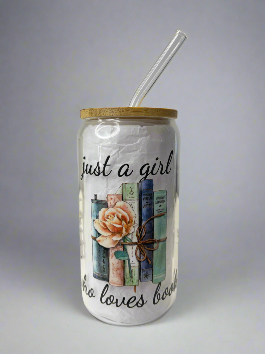 Just a girl who loves book glass can cup with bamboo lid and glass straw