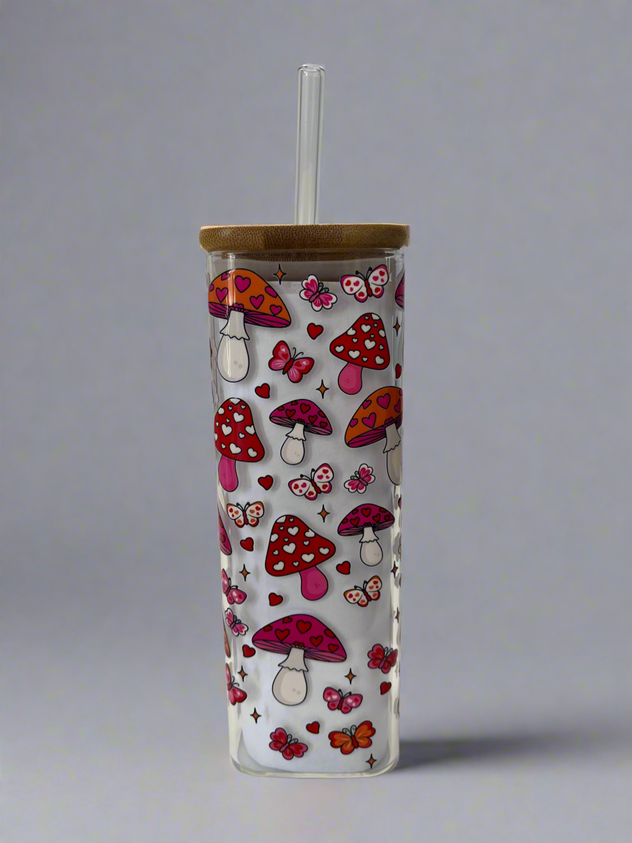 Square Glass Cup Heart Mushroom 16 oz