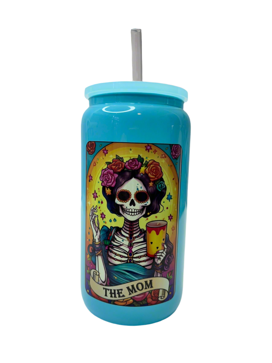 The Mom Tarot Card Blue Glass Can Cup - 16oz with plastic Lid & Straw