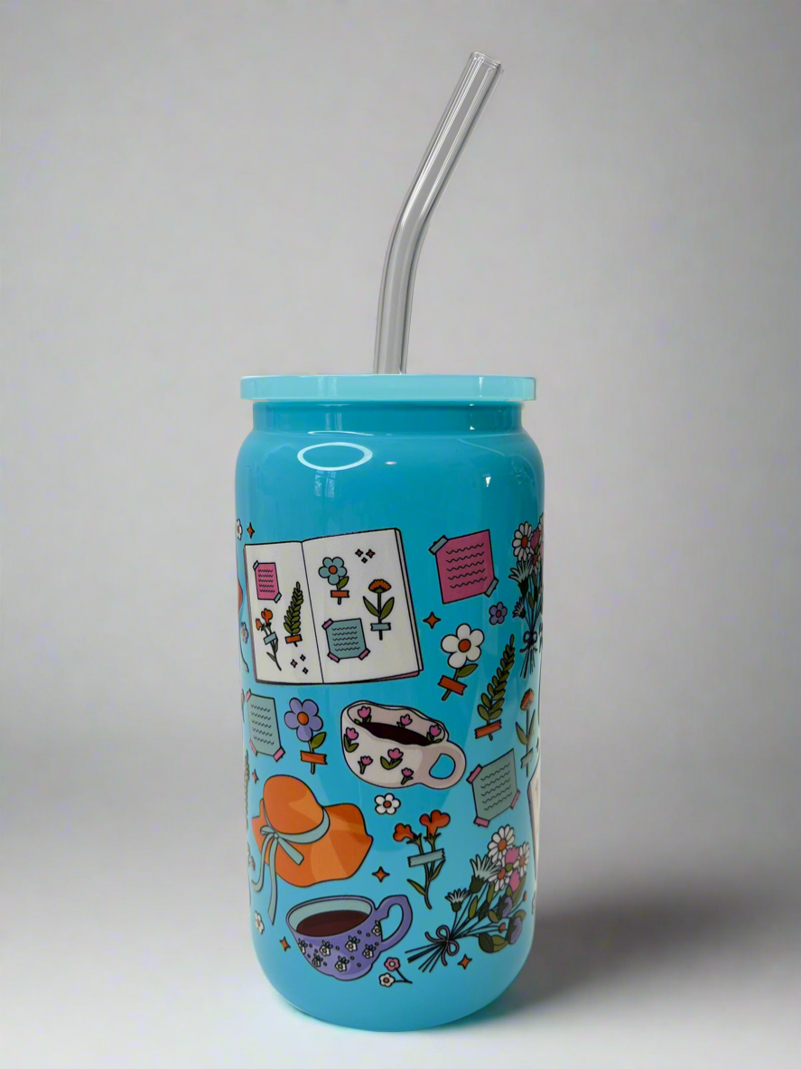 Blue Cottage core girl glass can cup 16 oz