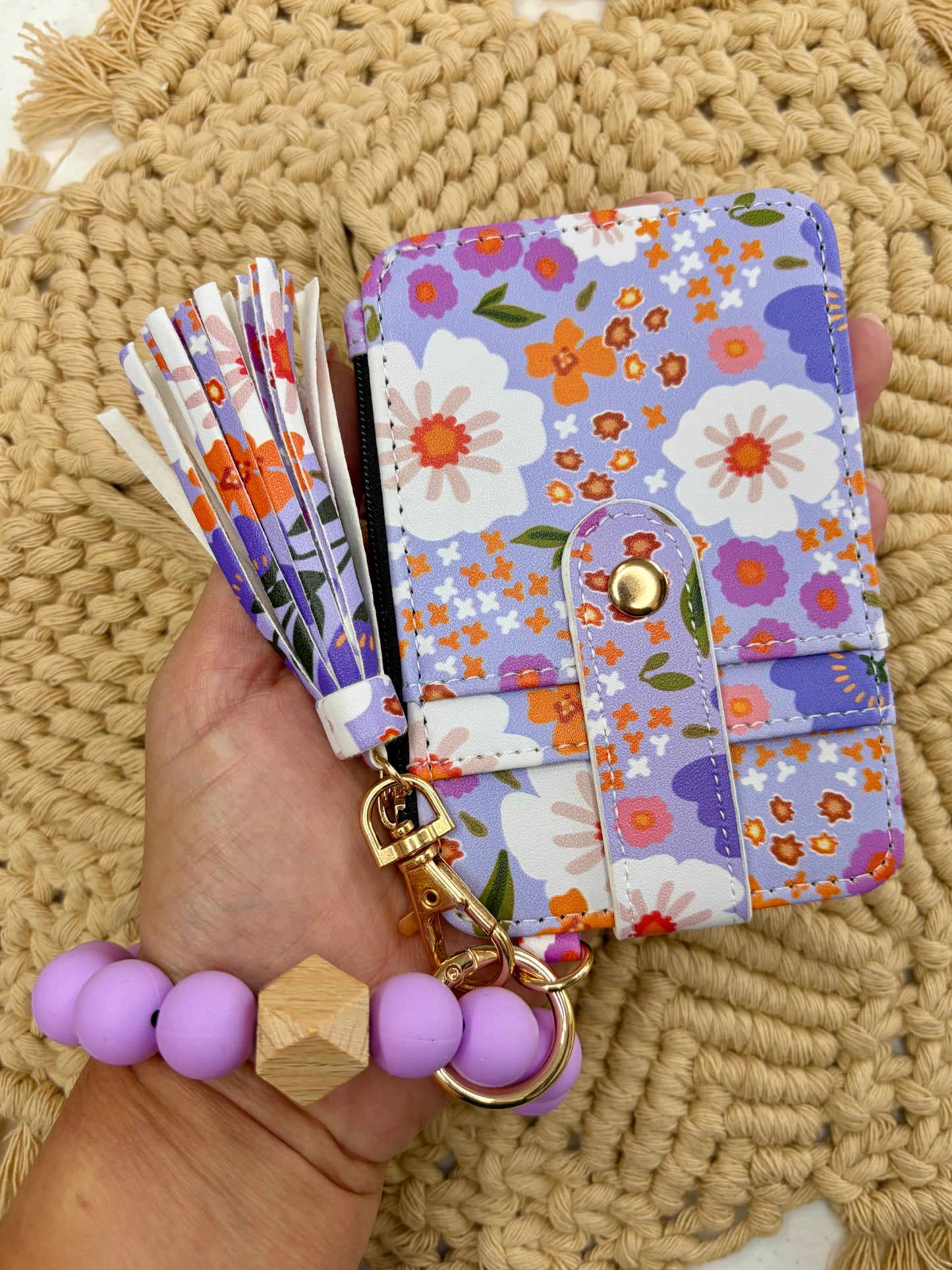 Purple Floral Boho Beaded Wristlet Wallet – Wrist Keychain Card Holder
