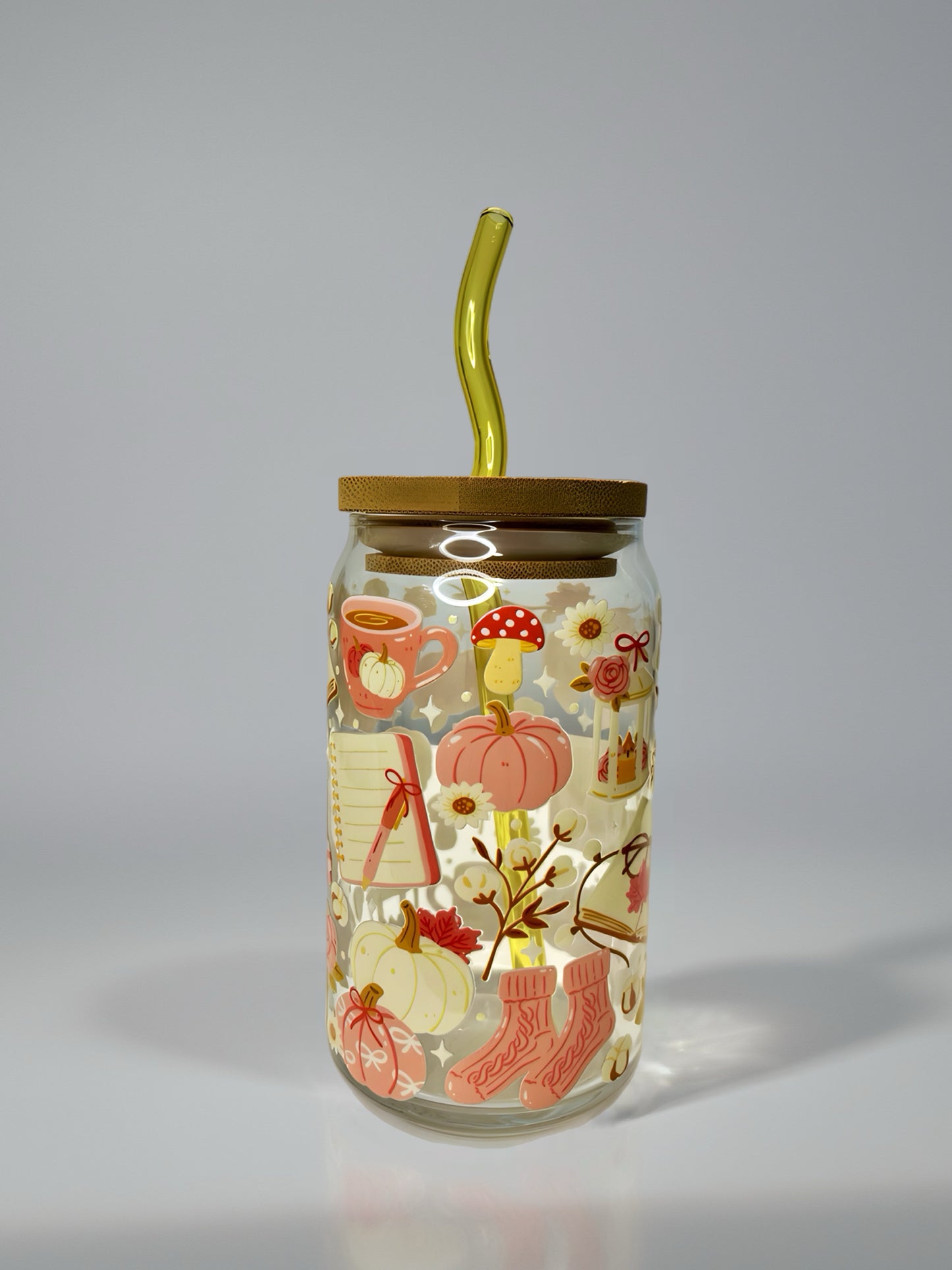 Pink Fall Glass Can Cup | Cozy Pumpkin Aesthetic with Bamboo Lid & Yellow Glass Straw
