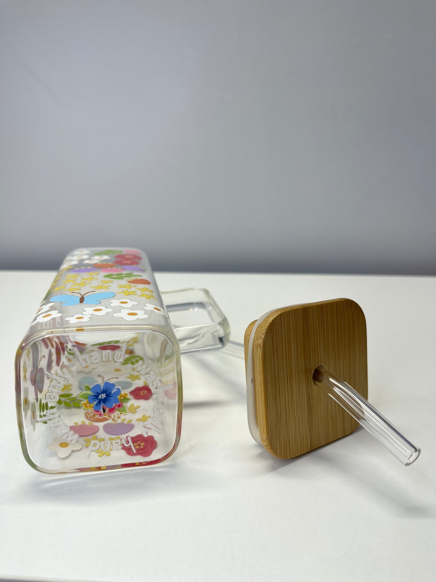Floral Square Glass Cup 16oz