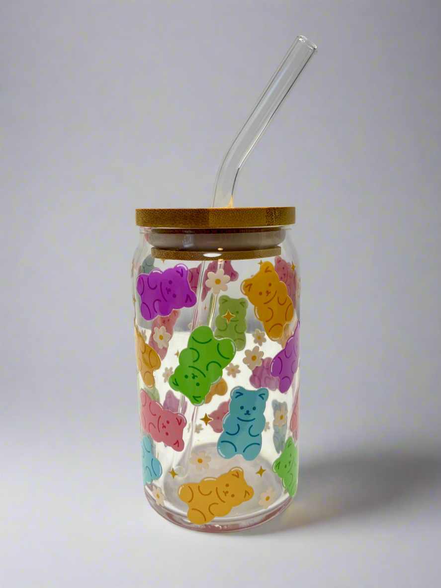 Gummy Bear Glass Cup with Bamboo Lid & Straw - 16oz