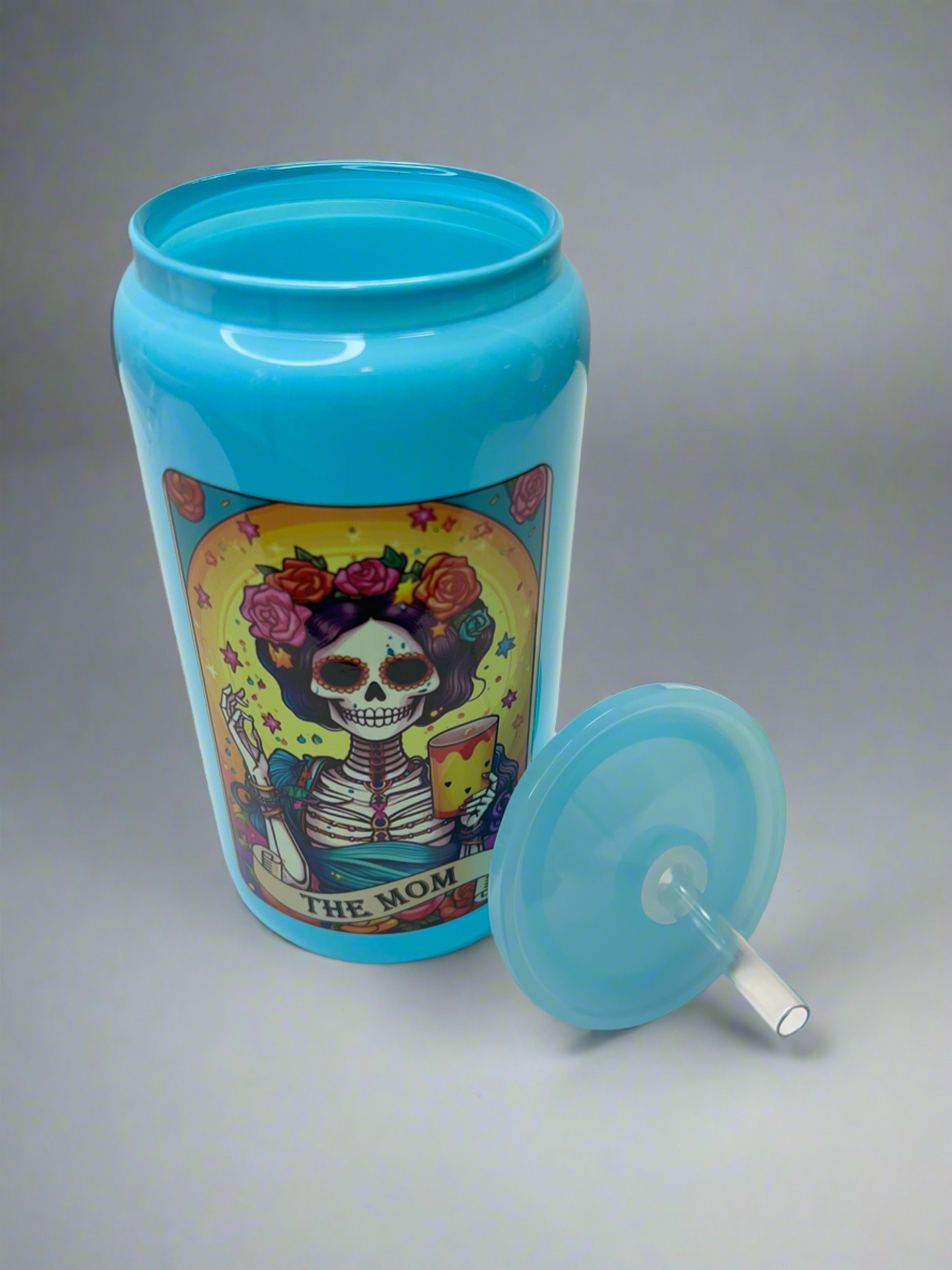 The Mom Tarot Card Blue Glass Can Cup - 16oz with plastic Lid & Straw