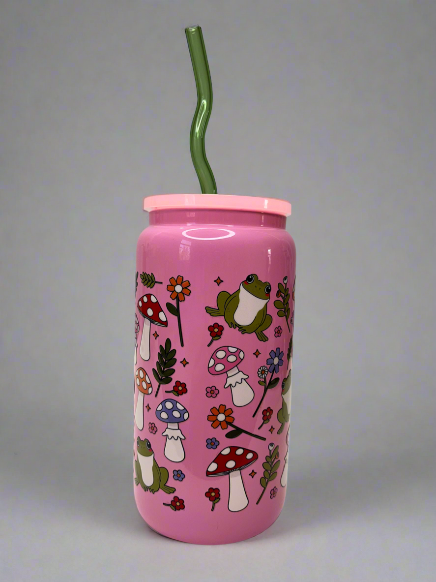 Pink Whimsical Frog & Mushroom Glass Can Cup 16oz