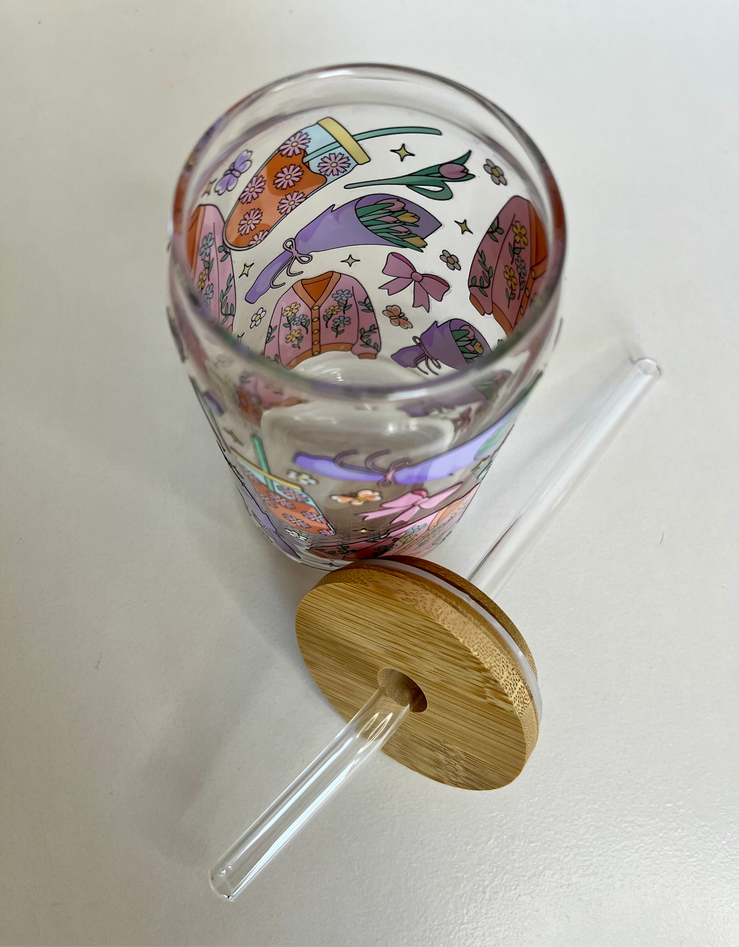 Spring Floral Cardigan Aesthetic Glass Cup with Bamboo Lid & Straw - 16oz