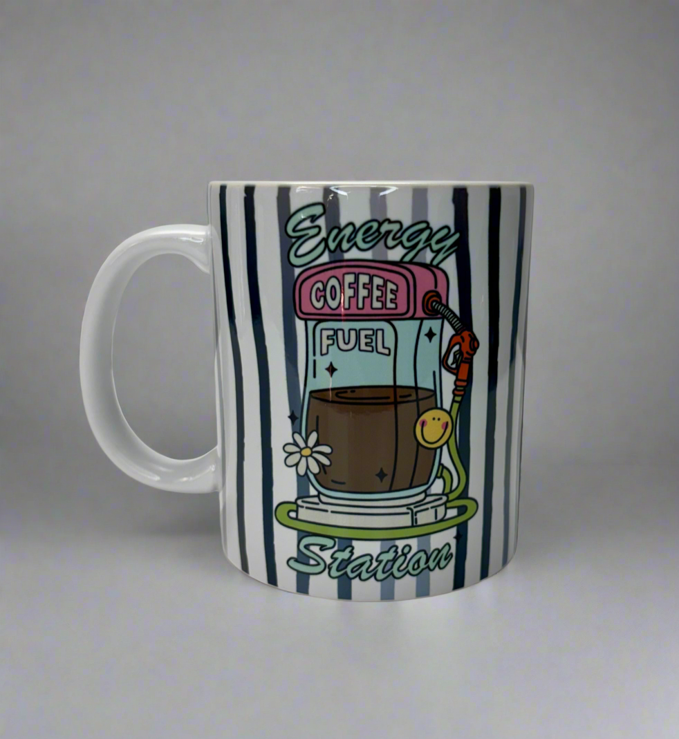☕ Energy Coffee Fuel Station Ceramic Mug – Cute Striped 11oz Coffee Cup