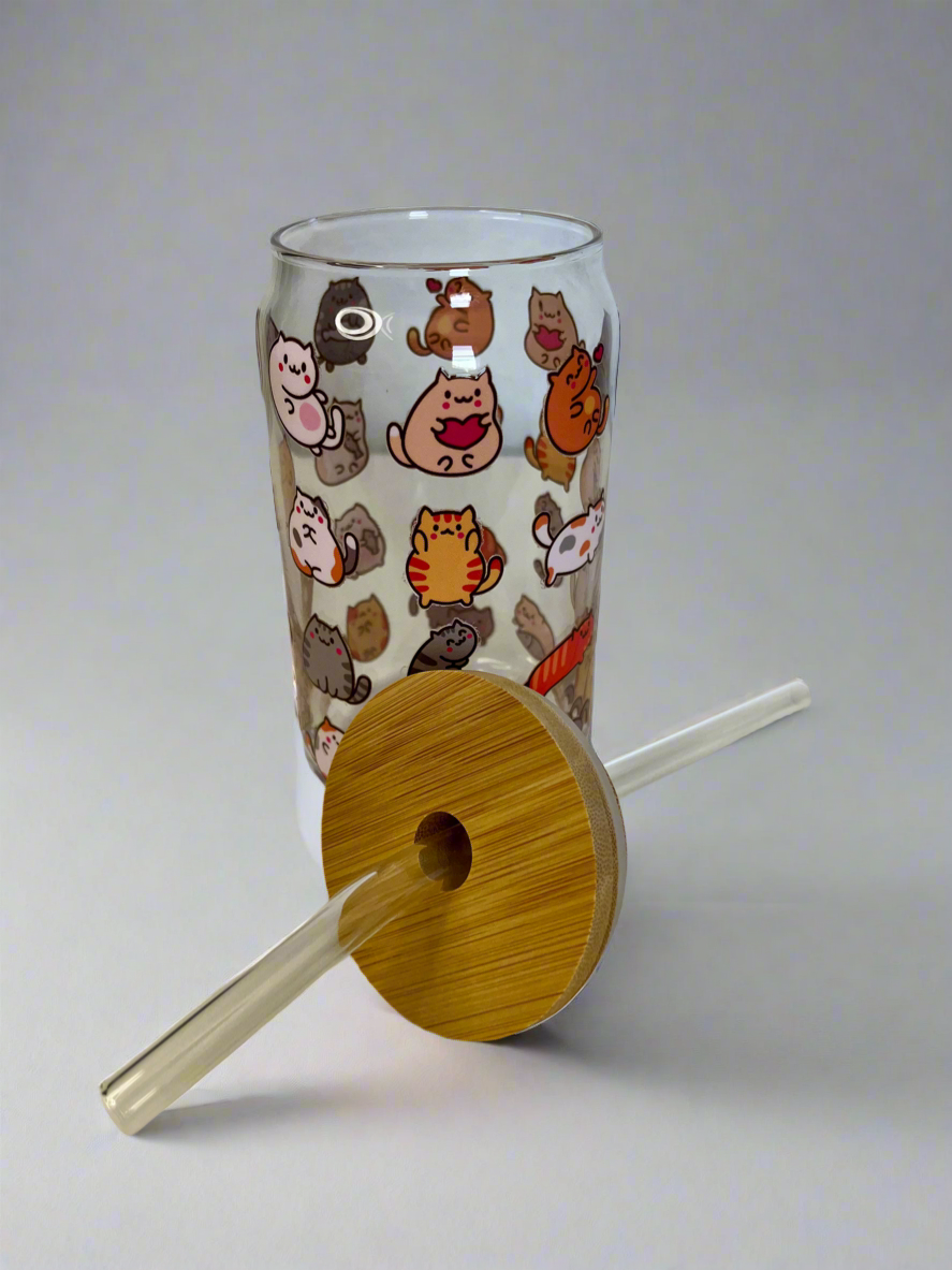 Cute Cat Glass Can - 16oz Reusable Glass Can Cup with Bamboo Lid & Straw