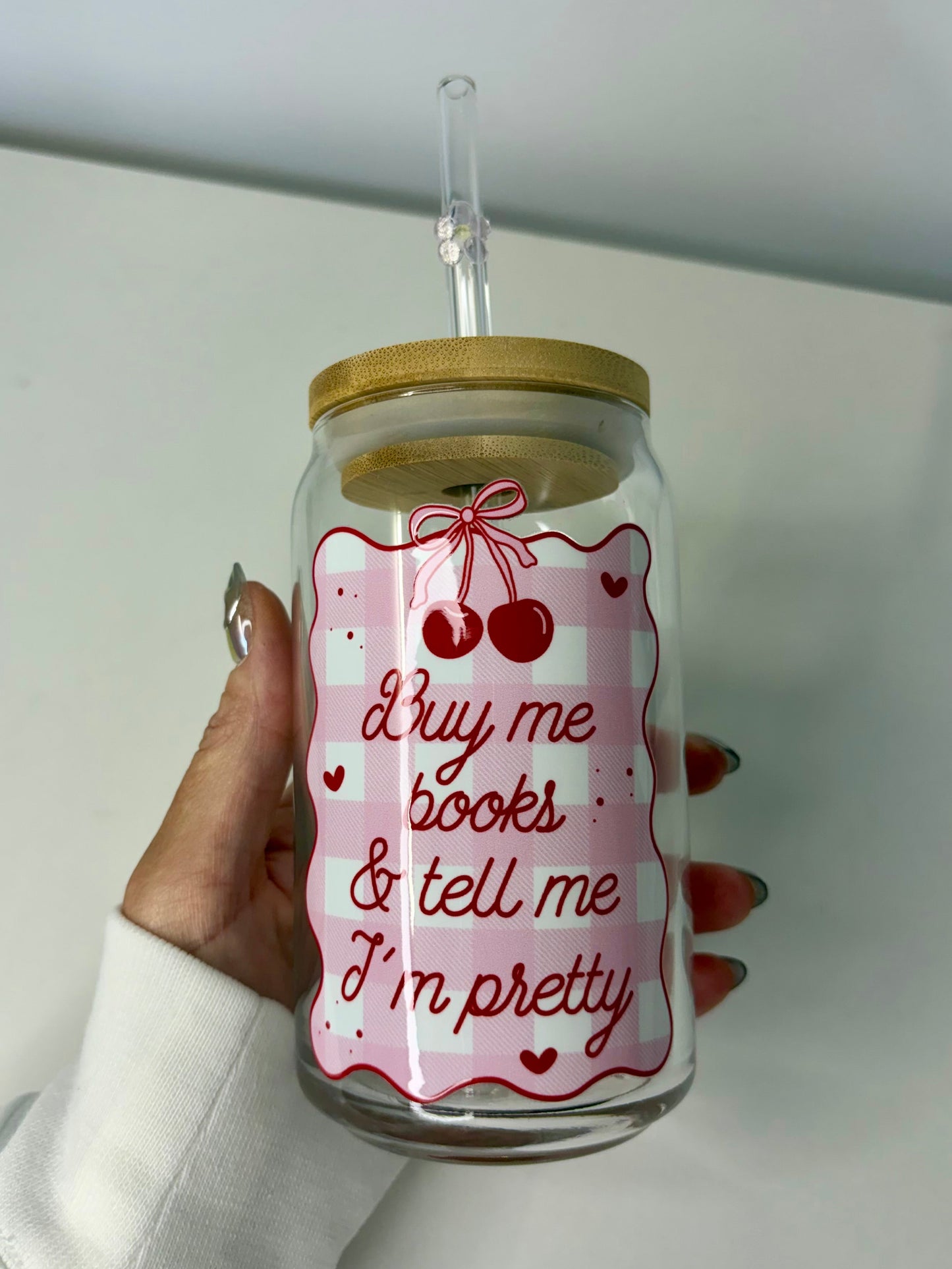 Buy Me Books & Tell Me I’m Pretty Glass Can Cup – UV DTF Wrap, Pink Gingham, Bamboo Lid + Flower Straw – 16oz Book Lover Gift